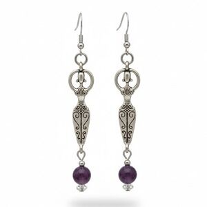 Silver Goddess Dangle Earrings with Purple Amethyst Gemstone‎ Beads